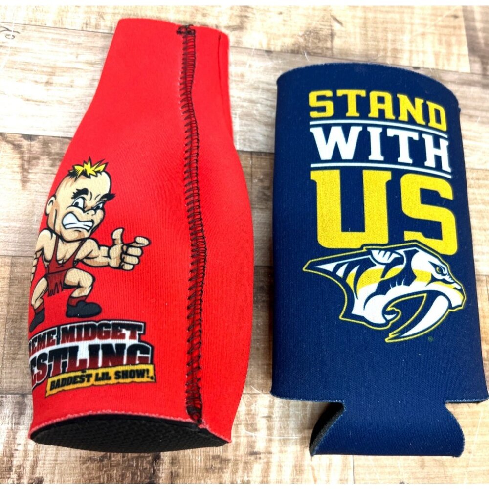 Set Of 2 Neoprene Can Sleeves - Extreme Midget Wrestling & Stand With Us Designs